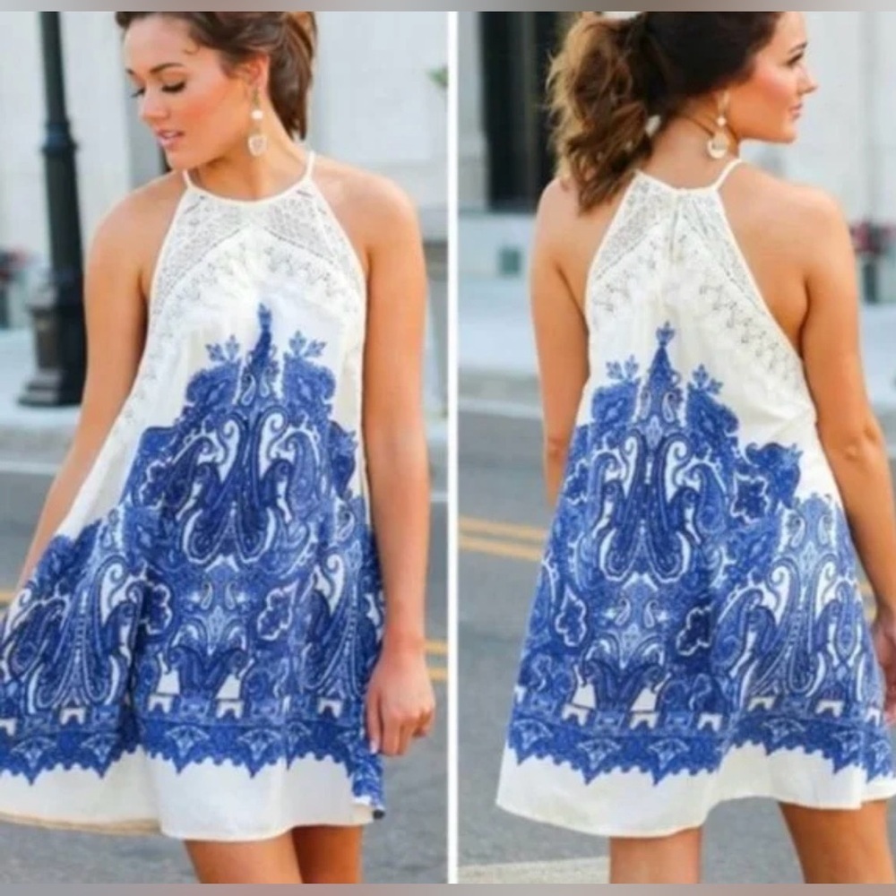 Free People Blue Paisley Lace Halter Mini Dress Boho Coastal Grandma Resort XS